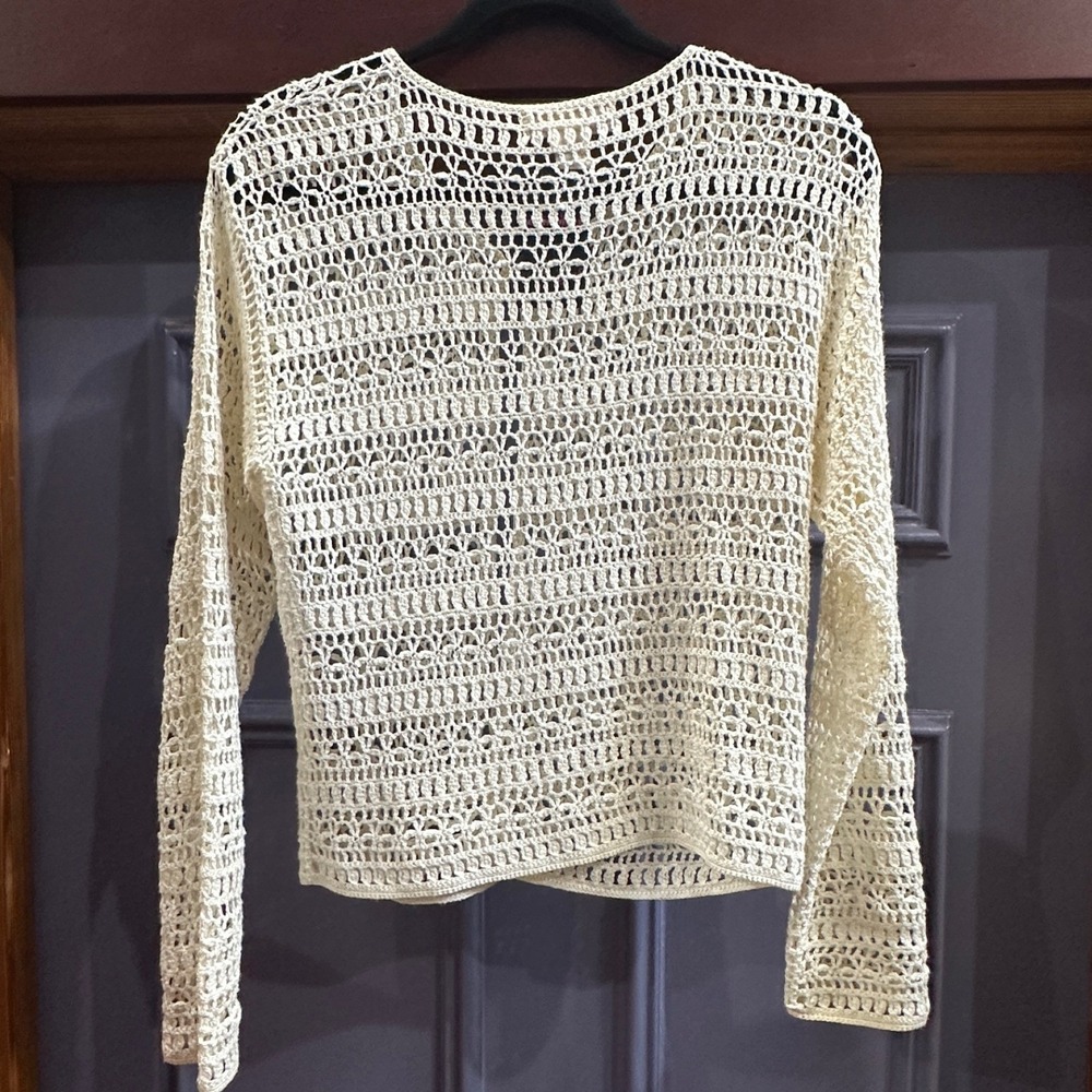 Vintage Boho Crochet Open Knit Cardigan Cream Shell Button Top Beacy Layers M - Picture 4 of 4